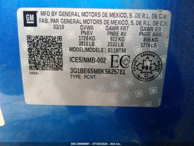 3G1BE6SM8KS625781 Chevrolet CRUZE LT