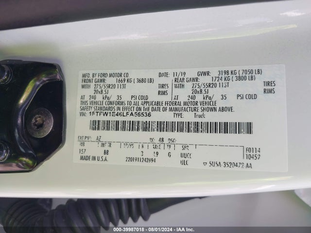 Ford F-150 Platinum 2020 1FTFW1E46LFA56536 Image 9
