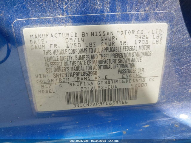 Nissan Versa 1.6 Sv 2015 3N1CN7AP9FL853966 Image 9
