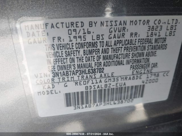 3N1AB7AP3HL638702 Nissan SENTRA S