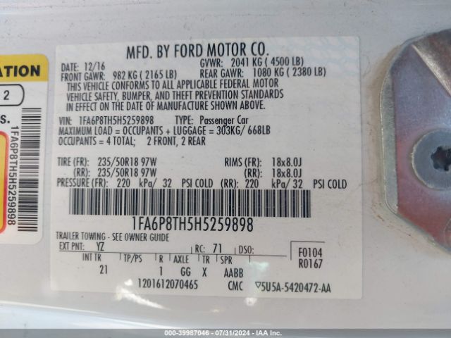 1FA6P8TH5H5259898 Ford Mustang Ecoboost