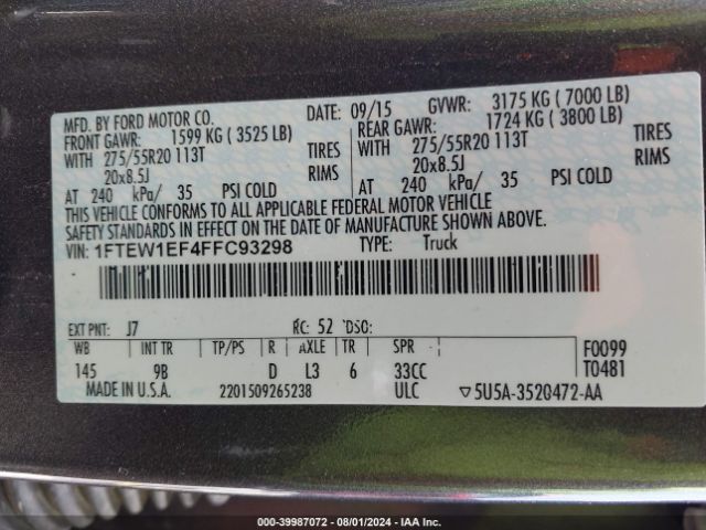 1FTEW1EF4FFC93298 Ford F-150 Platinum
