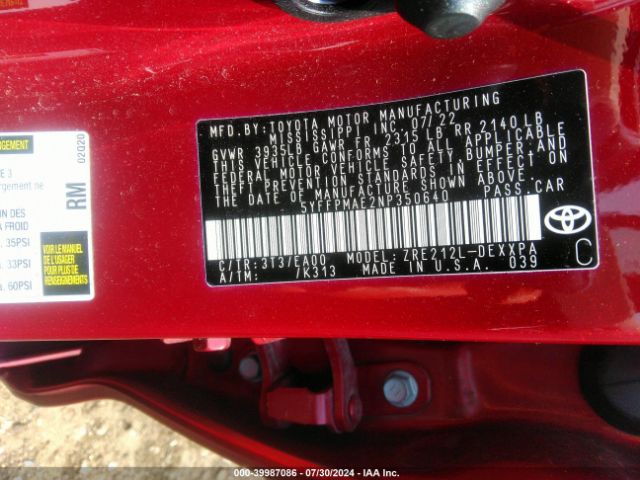 5YFFPMAE2NP350640 Toyota Corolla Xle
