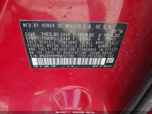 3HGGK5H44KM707150 Honda FIT LX