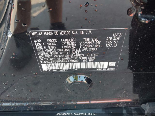 3CZRU6H58NM738609 Honda Hr-v Awd Ex