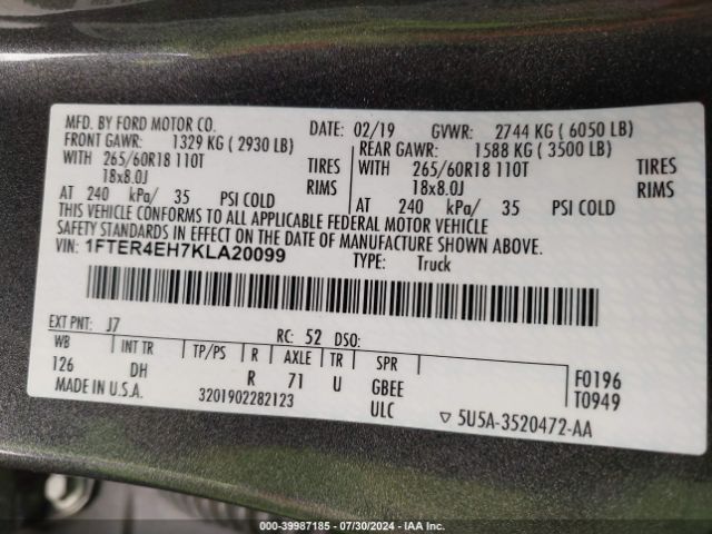 1FTER4EH7KLA20099 Ford Ranger Lariat