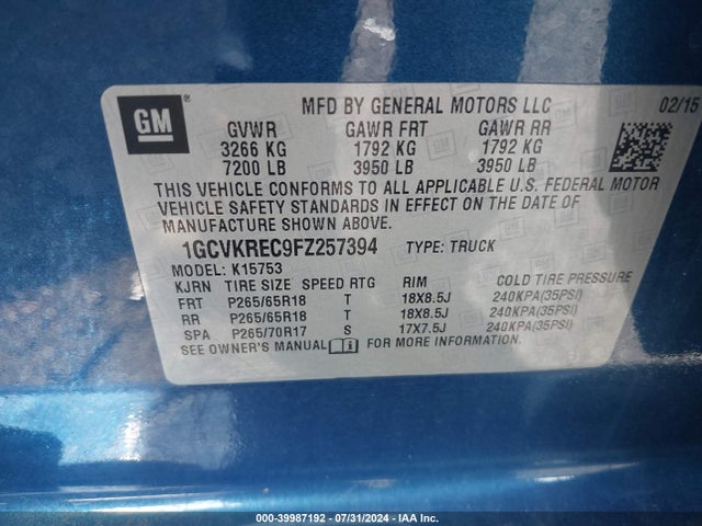 1GCVKREC9FZ257394 Chevrolet Silverado 1500 Lt