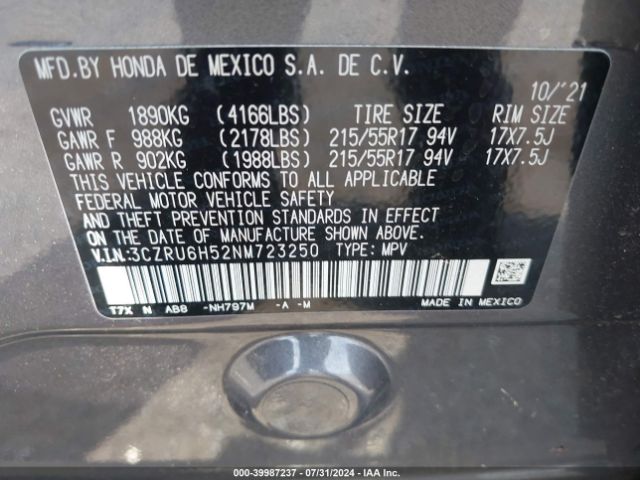 3CZRU6H52NM723250 Honda Hr-v Awd Ex