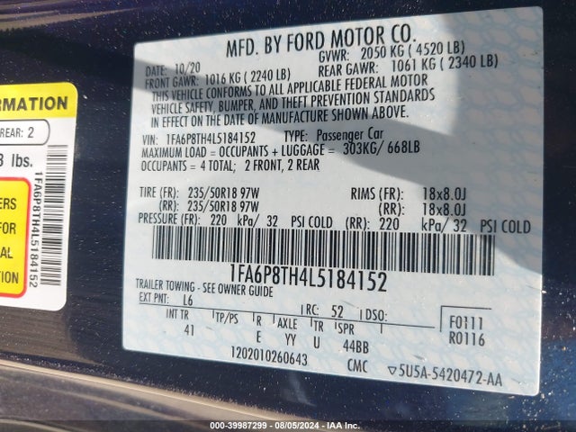 Ford Mustang Ecoboost Premium Fastback 2020 1FA6P8TH4L5184152 Image 9
