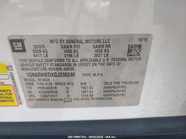 1GNKRHKDXGJ208248 Chevrolet Traverse 2lt