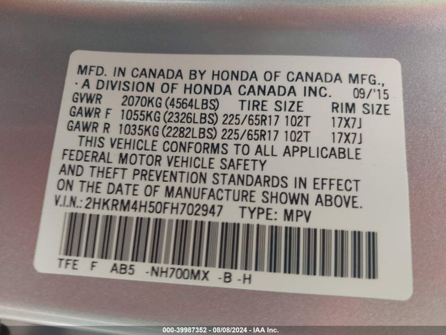 Honda CR-V EX 2015 2HKRM4H50FH702947 Image 9