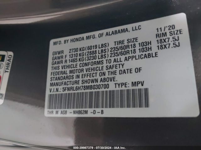 5FNRL6H78MB030700 Honda Odyssey Ex-l