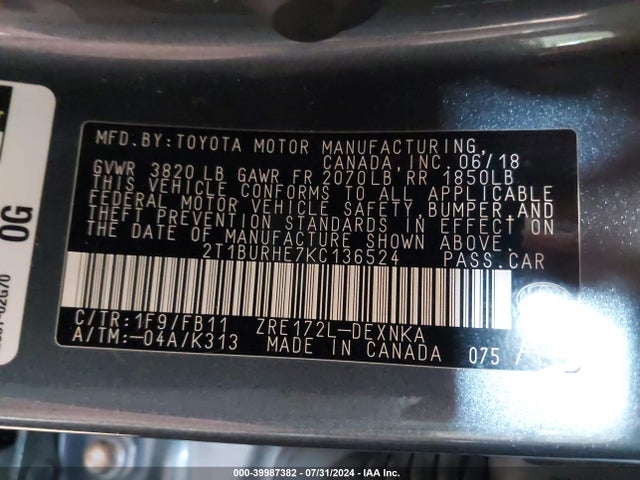 Toyota COROLLA LE 2019 2T1BURHE7KC136524 Image 9