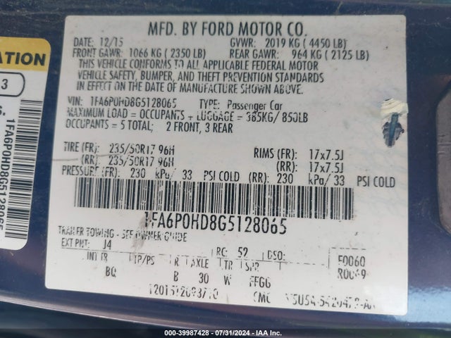 Ford FUSION SE 2016 1FA6P0HD8G5128065 Image 9