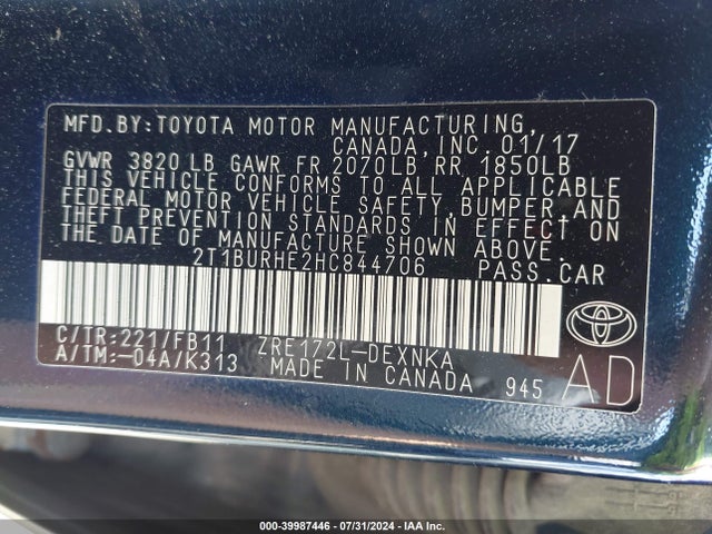 Toyota COROLLA LE 2017 2T1BURHE2HC844706 Image 9