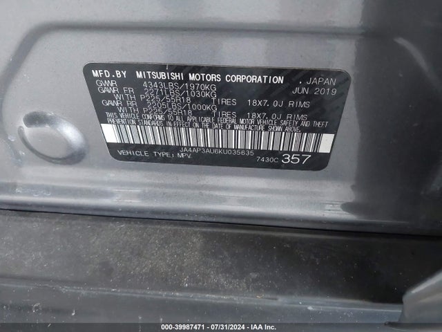 2019 MITSUBISHI OUTLANDER SPORT JA4AP3AU6KU035635 Photo 8