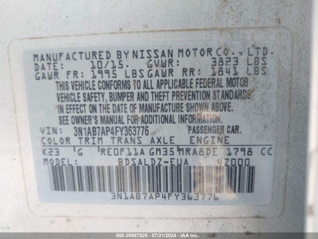 3N1AB7AP4FY363776 Nissan SENTRA SV