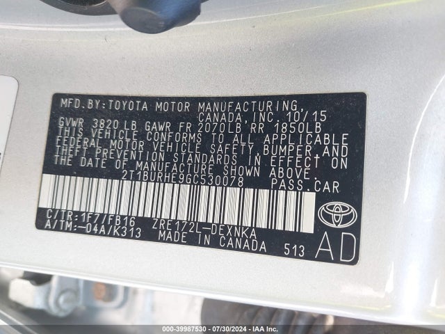 Toyota Corolla Le Plus 2016 2T1BURHE9GC530078 Image 9