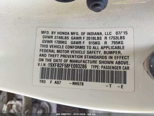 Honda Civic Lx 2015 19XFB2F58FE093286 Image 9