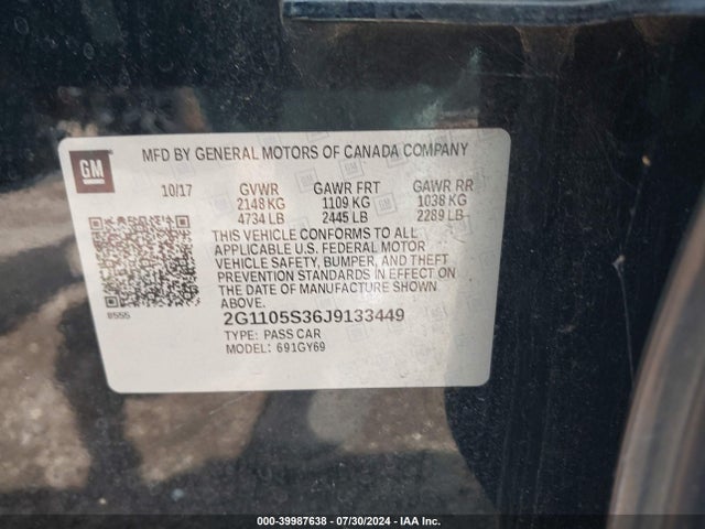 Chevrolet IMPALA 1LT 2018 2G1105S36J9133449 Image 9