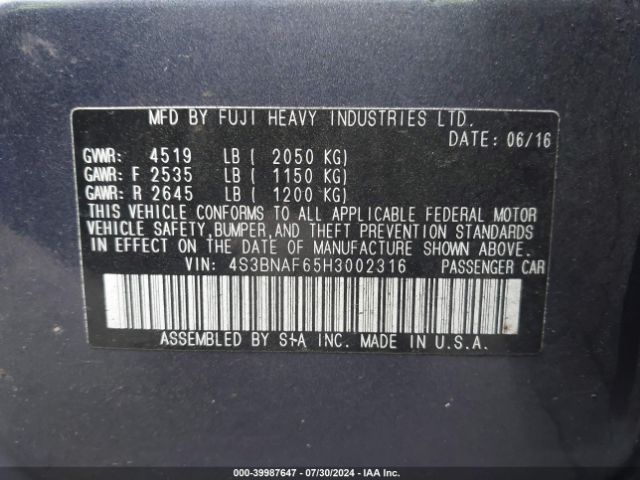 4S3BNAF65H3002316 Subaru Legacy 2.5i Premium