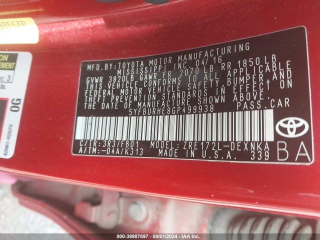 Продаж на аукціоні авто 2016 Toyota Corolla Le, vin: 5YFBURHE8GP499938, номер лоту: 39987697