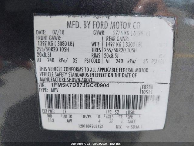 Ford EXPLORER XLT 2018 1FM5K7D87JGC40904 Image 9