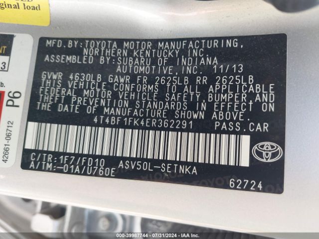4T4BF1FK4ER362291 Toyota CAMRY LE