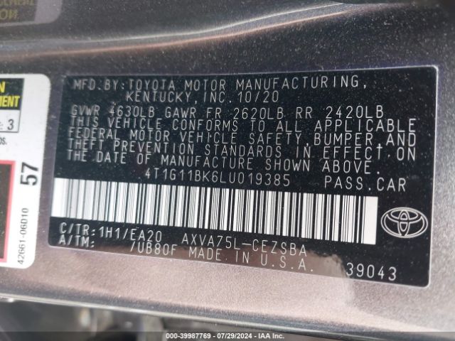 4T1G11BK6LU019385 Toyota Camry Se Awd