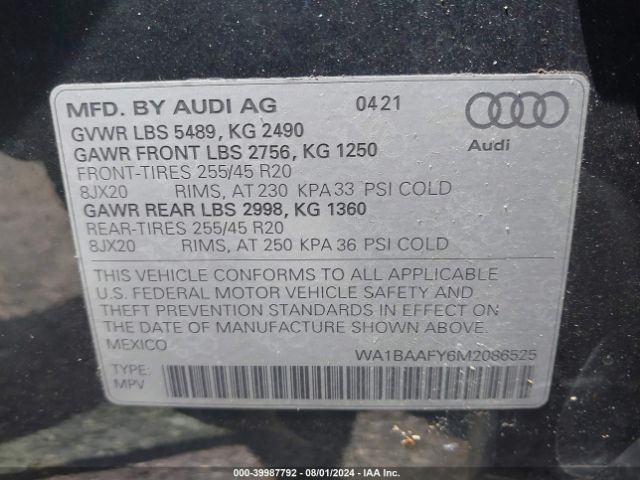 WA1BAAFY6M2086525 Audi Q5 Premium Plus 45 Tfsi Quattro S Tronic