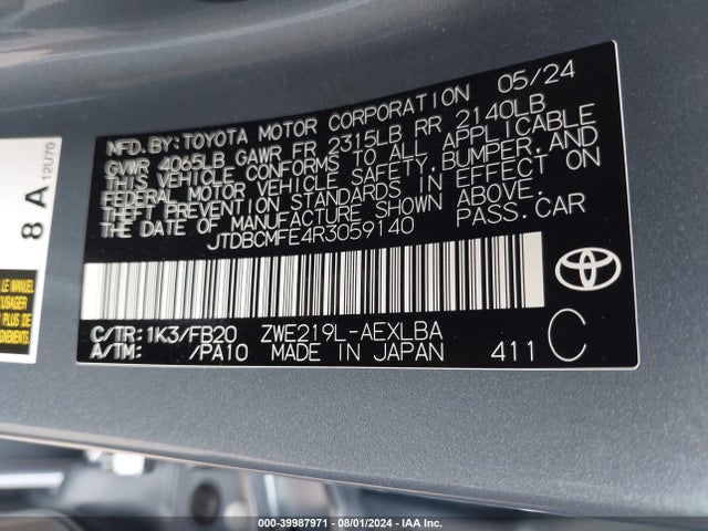 JTDBCMFE4R3059140 Toyota Corolla Hybrid Le