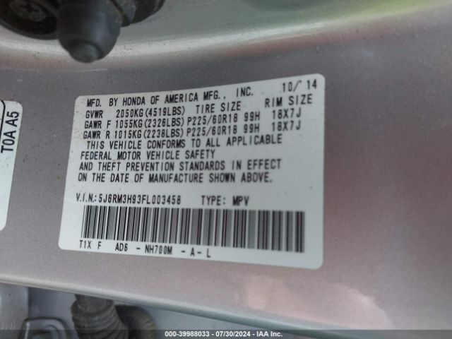 5J6RM3H93FL003458 Honda Cr-v Touring