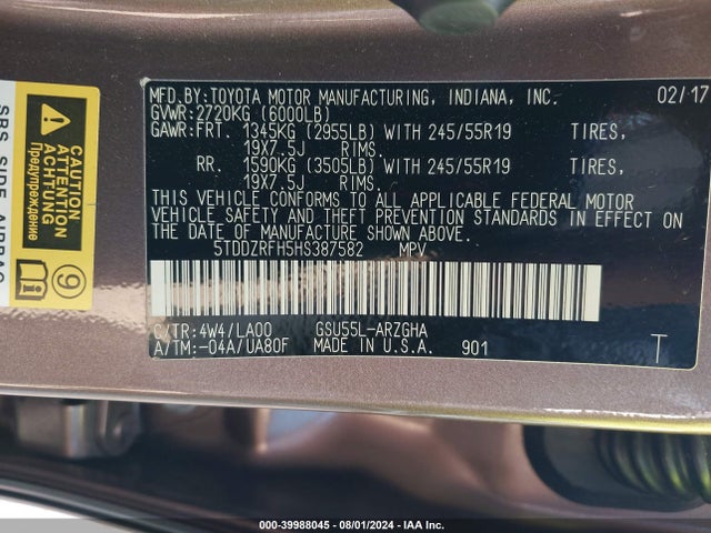 Toyota Highlander Limited Platinum 2017 5TDDZRFH5HS387582 Image 9