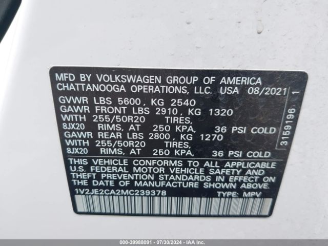 1V2JE2CA2MC239378 Volkswagen Atlas Cross Sport 3.6l V6 Se W/technology