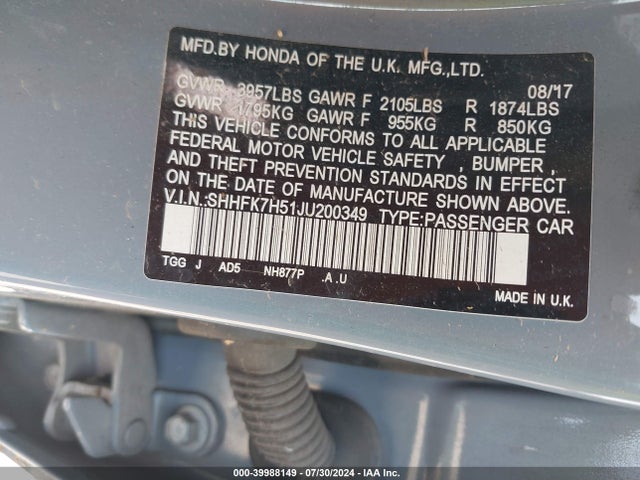 Honda CIVIC EX 2018 SHHFK7H51JU200349 Image 9