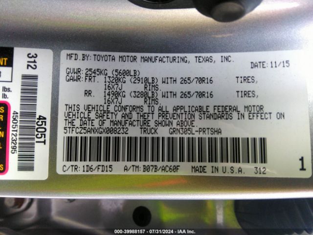 5TFCZ5ANXGX008232 Toyota Tacoma Trd Off Road