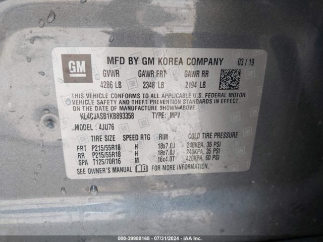 KL4CJASB1KB893358 Buick Encore Fwd Preferred