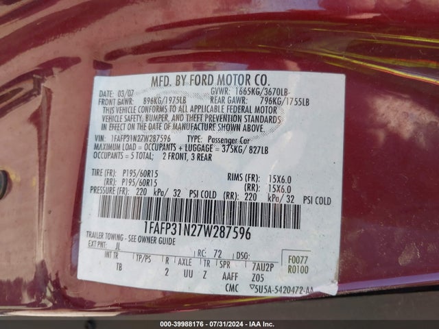 Aukcja sprzedaży 2007 Ford Focus S/se/ses, vin: 1FAFP31N27W287596, numer aukcji: 39988176