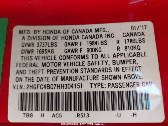 2HGFC4B07HH304151 Honda Civic Lx-p
