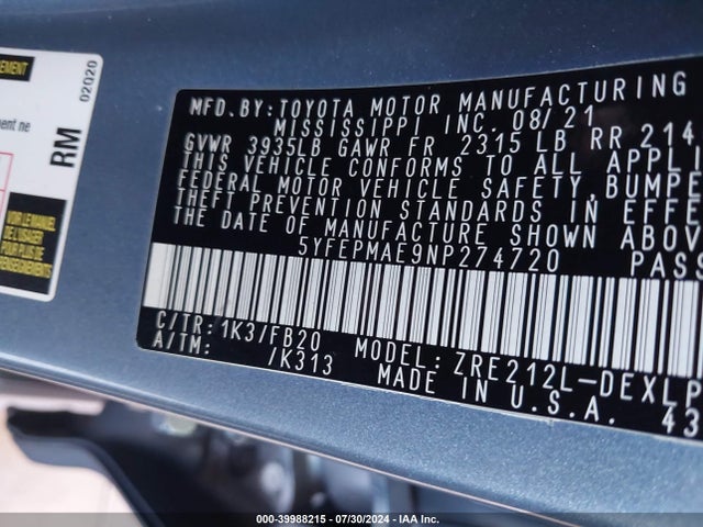 Toyota COROLLA LE 2022 5YFEPMAE9NP274720 Image 9