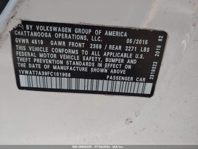 1VWAT7A39FC101958 Volkswagen Passat 1.8t Wolfsburg Edition