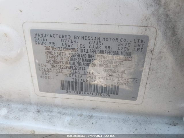 3N1CE2CP4FL370174 Nissan Versa Note S (sr)/s Plus/sl/sr/sv