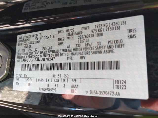 Ford ESCAPE SEL 2022 1FMCU0H63NUB78247 Image 9