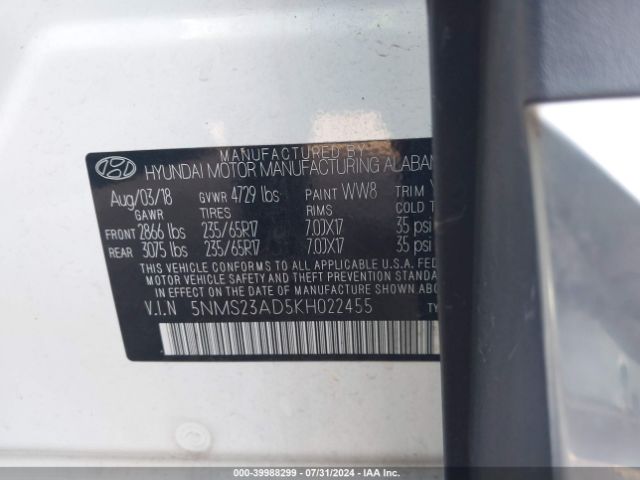 5NMS23AD5KH022455 Hyundai Santa Fe Se