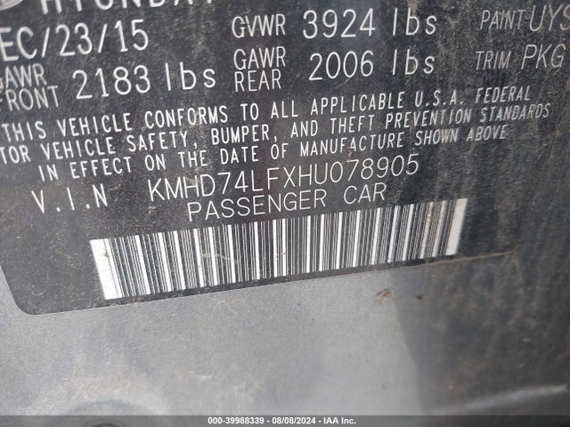 KMHD74LFXHU078905 Hyundai ELANTRA SE