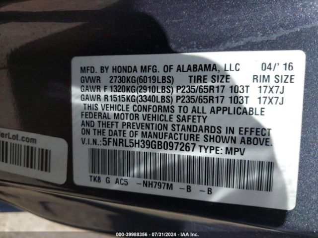 5FNRL5H39GB097267 Honda ODYSSEY SE