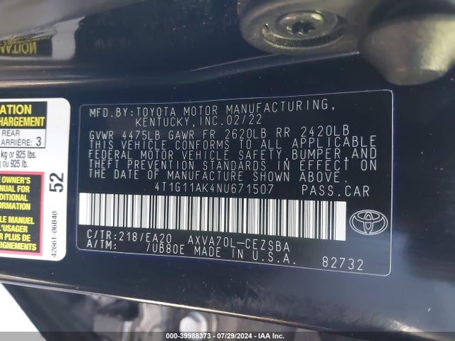 Toyota CAMRY SE 2022 4T1G11AK4NU671507 Image 9