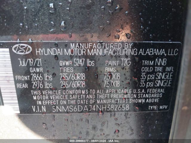 5NMS6DAJ4NH382658 Hyundai Santa Fe Sel
