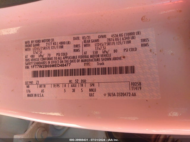 Ford F-250 Xl 2021 1FT7W2B69MED48477 Image 9