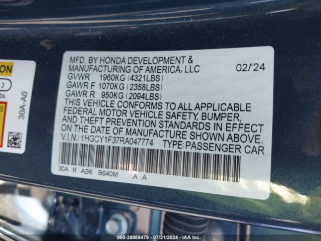 1HGCY1F37RA047774 Honda ACCORD EX